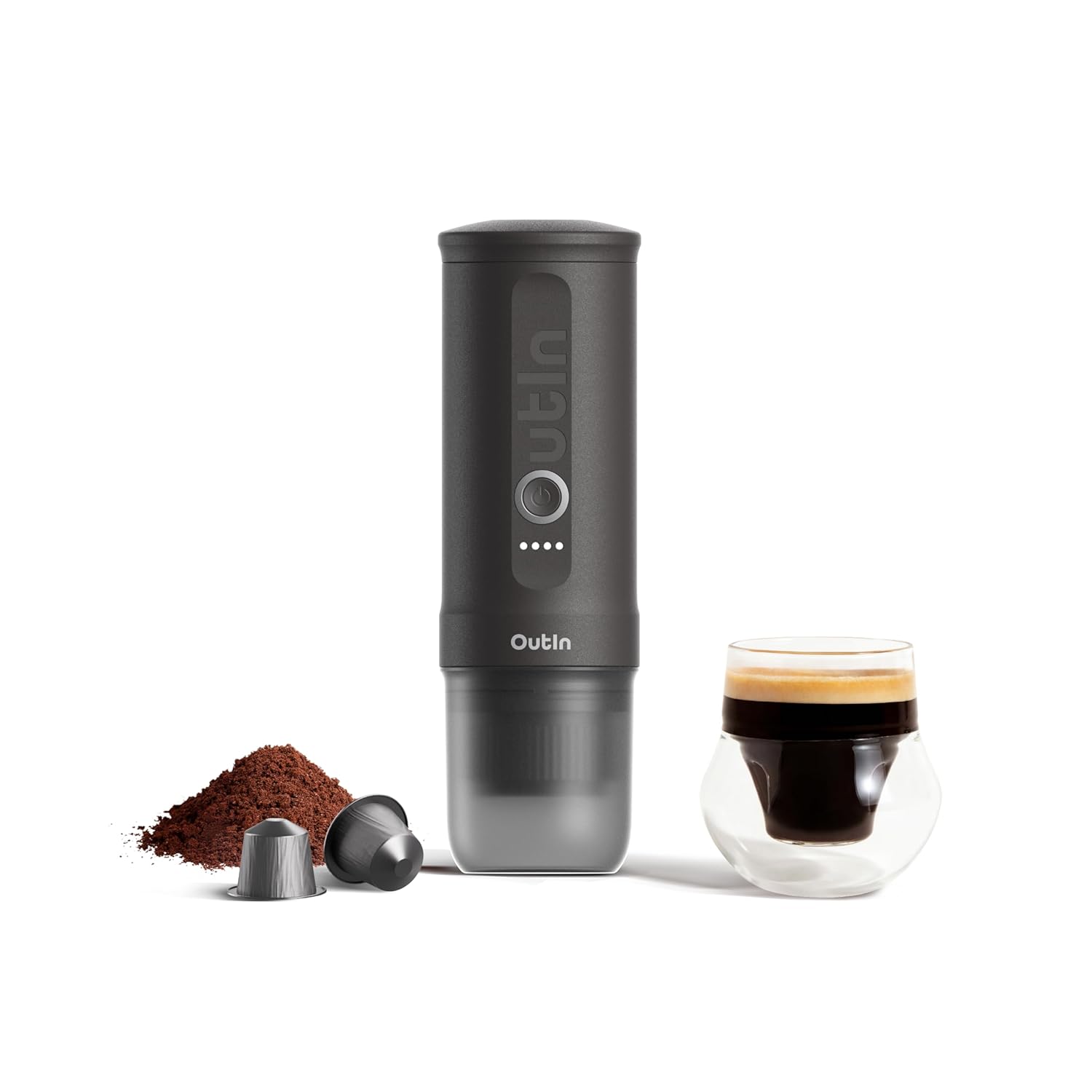 617EZfW3ymL._SL1500_.jpg OutIn Nano Portable Electric Espresso Machine, Travel Coffee Maker for Camping, Car Coffee Maker Self-Heating with USB-C, With Ground Coffee & NS Capsule for RV, Hiking, Office - Image 1