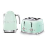 EEJB129 Jug Kettle with Acoustic Alarm, 3KW, 1.7L & Smeg 4 Slice Toaster, Extra Wide Slots, Pastel Green KLF04PGUK/TSF03PGUK