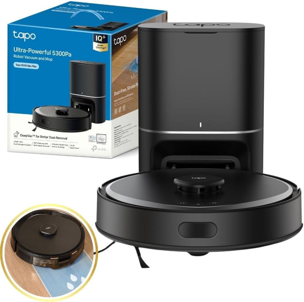61P0uiz9wxL._AC_SL1000_.jpg Tapo RV30 Max Plus 5300Pa Robot Vacuum Cleaner with Mop, LiDAR+IMU Dual Navigation, 5300Pa Hyper Suction, Auto-Empty, Robot Hoover, Auto-Charging Robotic Vacuums, Alexa & Google - Image 1