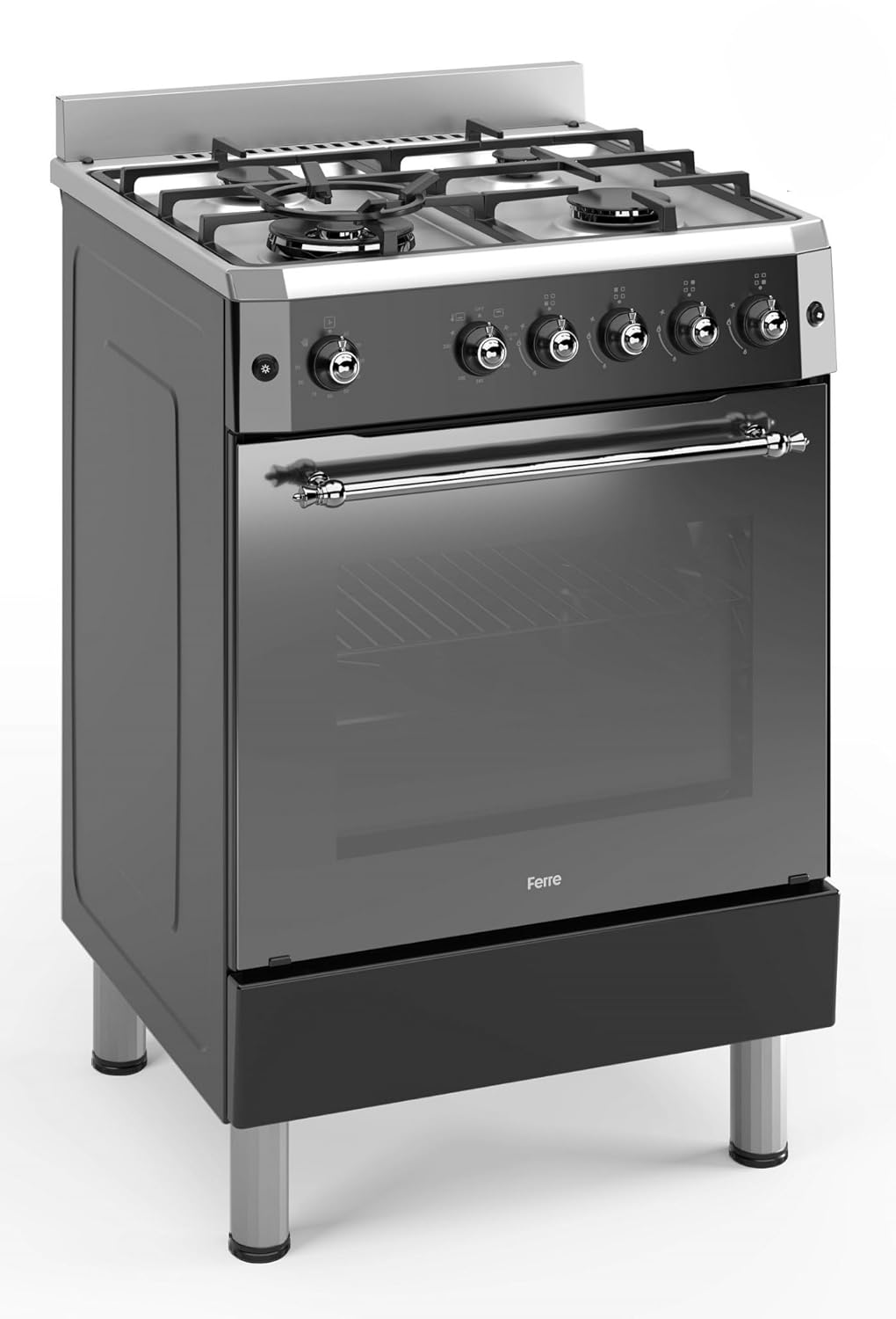 61iqt5h3pXL._SL1500_.jpg F6IP40GF-IBL-RETRO 60cm Freestanding Gas Cooker With Wok Burner & Turbo Fan – Shiny Stainless Steel & Black - Image 1