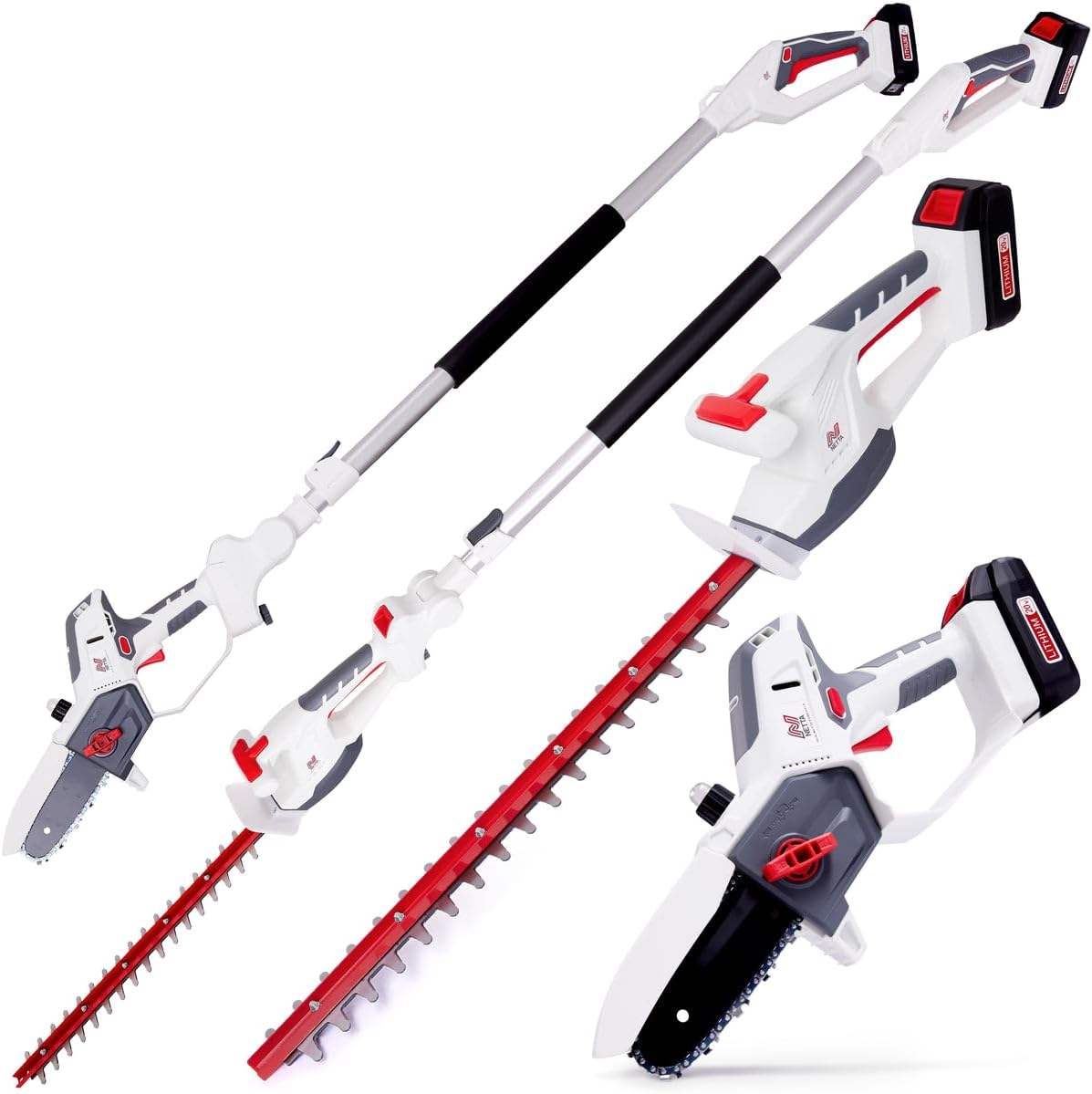 61pBlsIOrFL._AC_SL1200_.jpg NETTA 4-in-1 Cordless Hedge Trimmer & Chainsaw Set – 20V Battery Powered Electric Pole Saw & Hedge Cutter for Garden Tree Trimming – Includes Battery & Charger and 2.5m… - Image 1