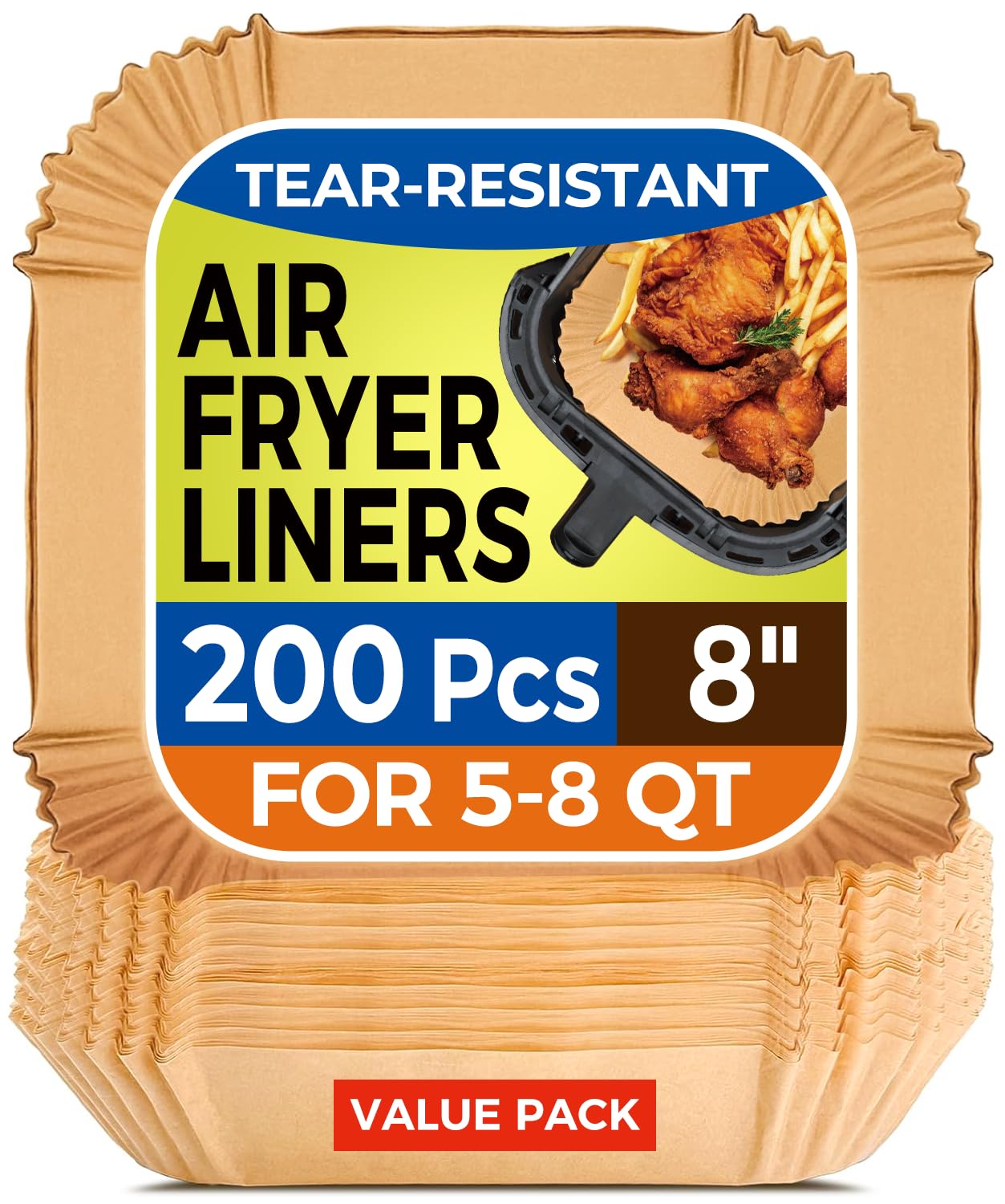 Version 1.0.0 Air Fryer Paper Liners, 200pcs Air Fryer Liners Disposable, 8″ Square Baking Paper Liner for 5-8 qt Airfryer Basket, Non-stick and Oil Proof… - Image 1
