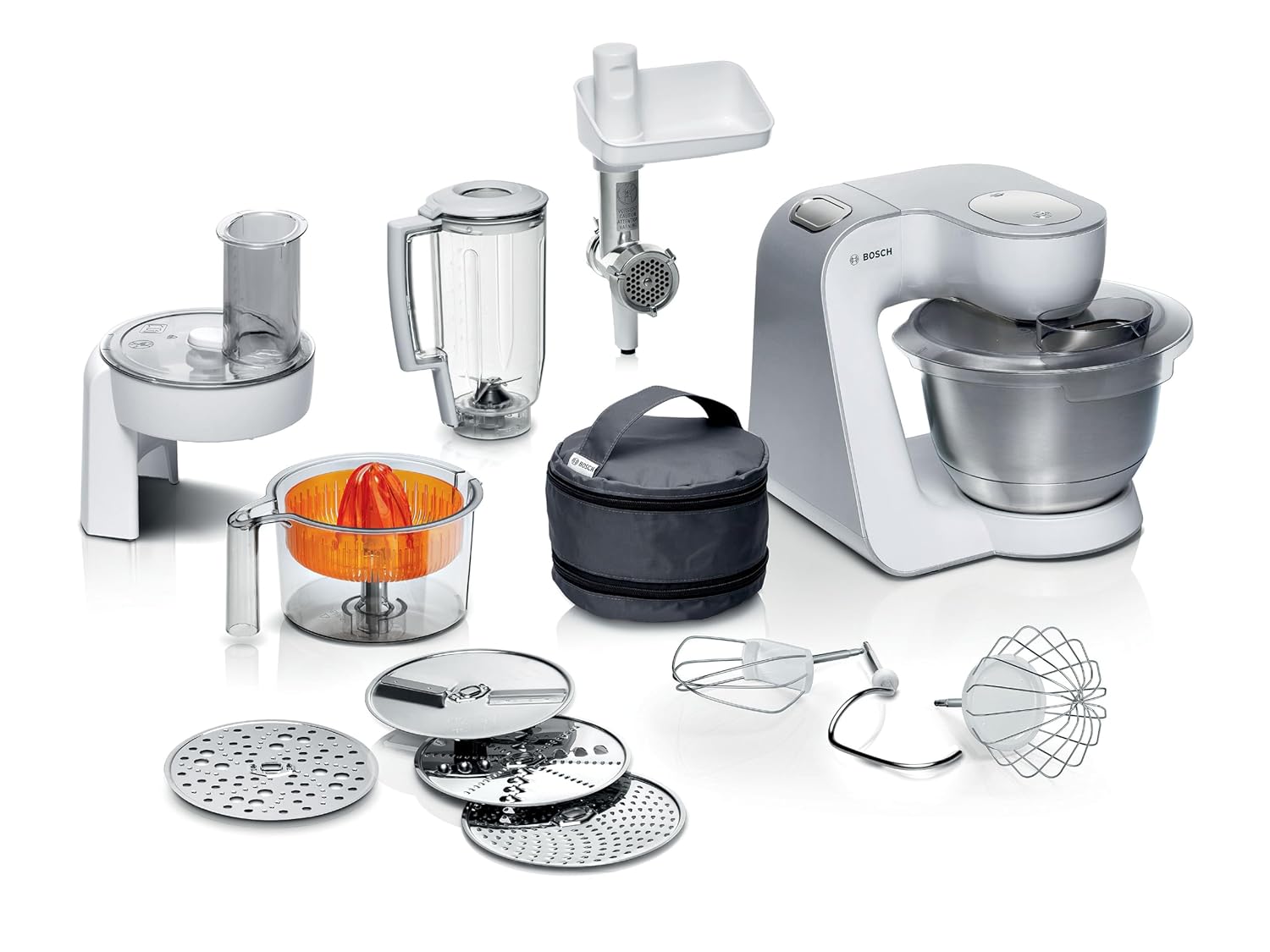 713LnoJ6wL._SL1500_.jpg Line 7 in 1 Stand Mixer MUM58259GB with 11 accessories, 7 Speeds, dough hook, whisk, beater, blender, juicer, mincer, shredder, 1000W, White/Silver - Image 1