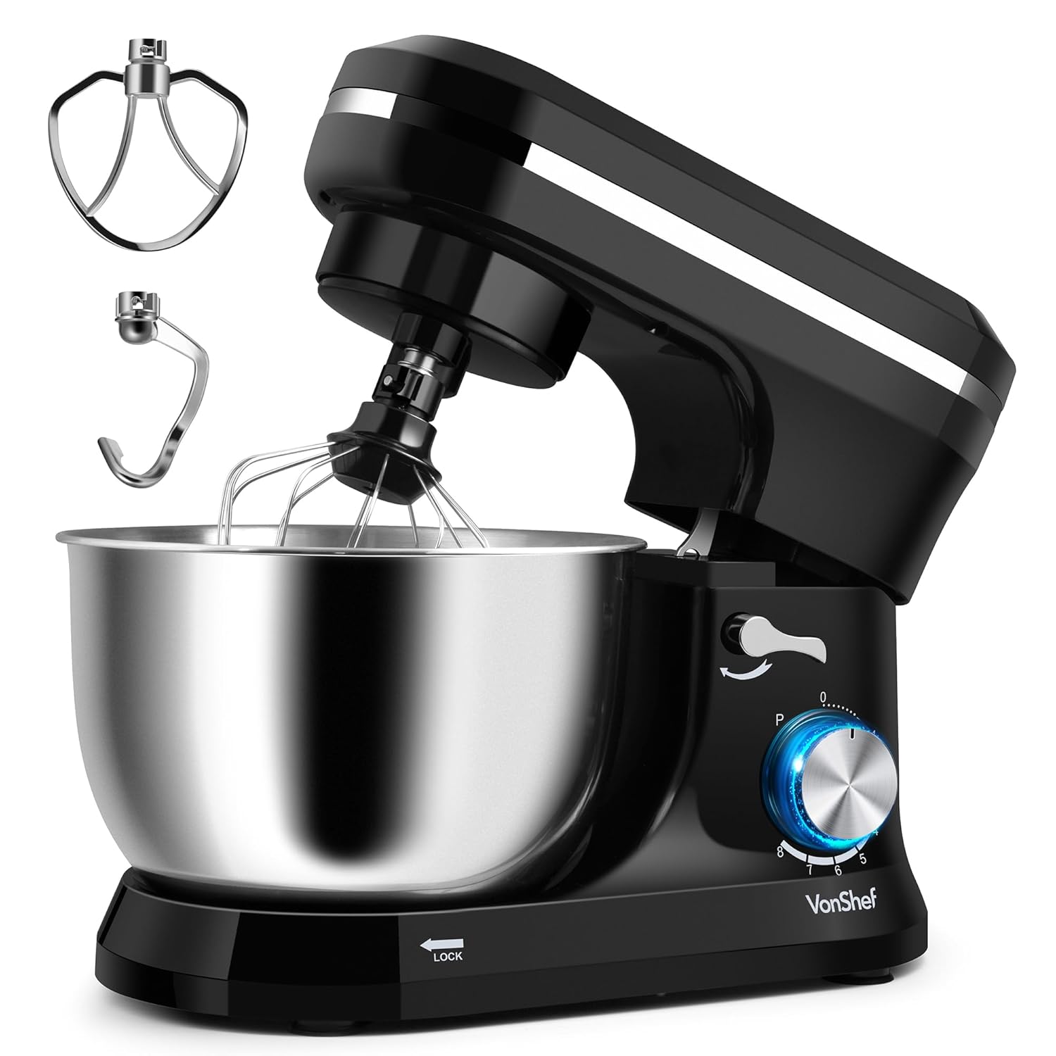 718b1OPq8QL._SL1500_.jpg VonShef Black Stand Mixer 1000W – Electric Stand Mixers for Baking, 8 Speed Standing Food Mixer with Splash Guard, 4.5L Stainless Steel Mixing Bowl, Beater, Dough Hook & Balloon… - Image 1