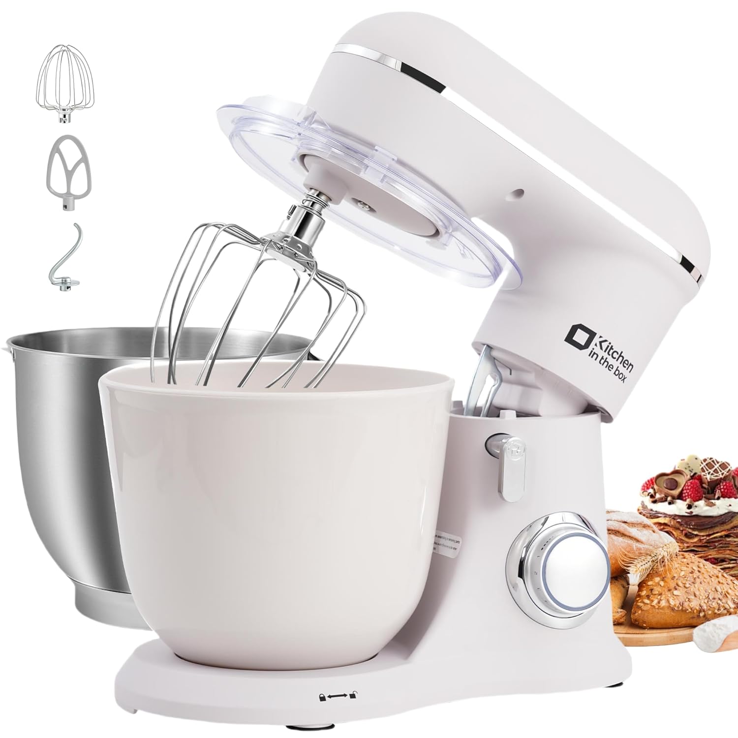 71B7mXSU2-L._SL1500_.jpg Kitchen in the box Small Stand Mixer, Mini Food Mixer for Baking with Two 3.5L Bowls, Dough Hook, Whisk, Beater, 10 Speed Settings Portable Lightweight for Daily Use (Grey White) - Image 1