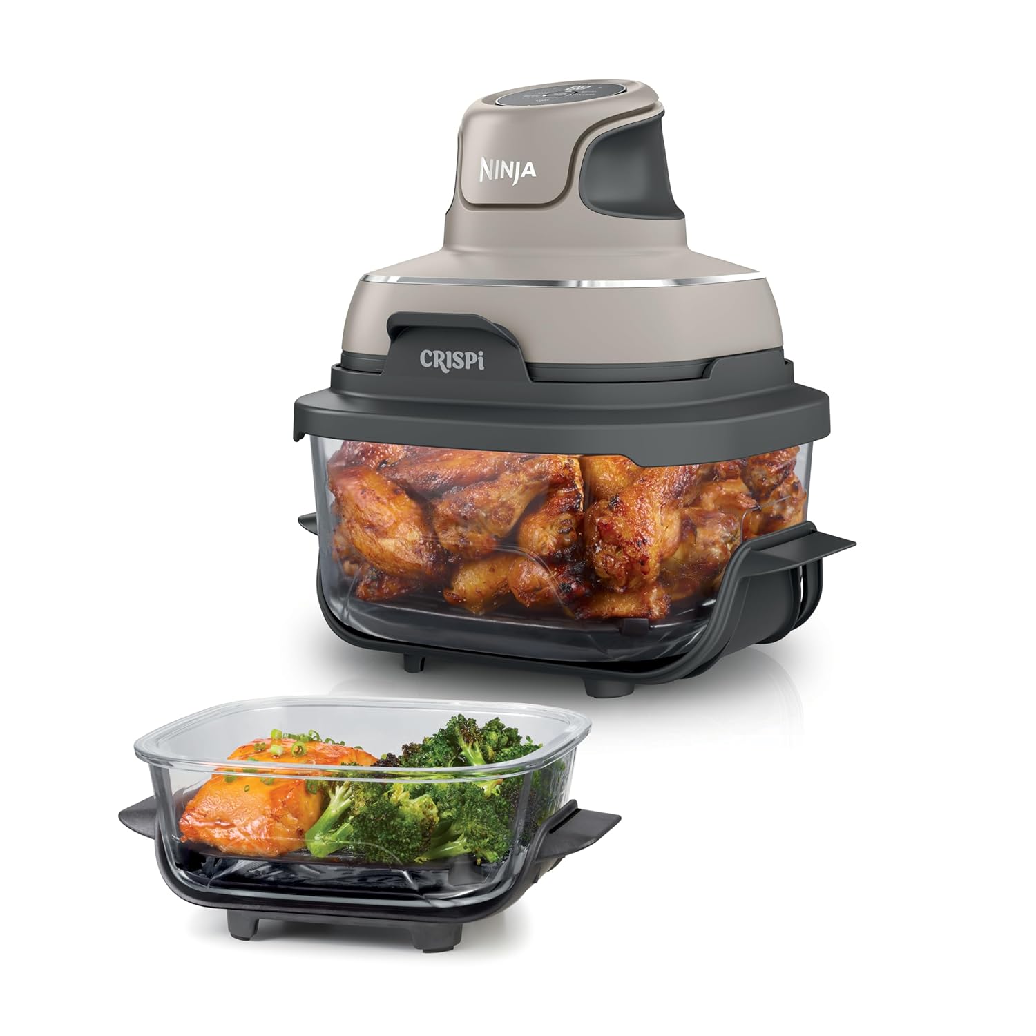 71JszIonPlL._SL1500_.jpg CRISPi Portable Air Fryer, 3.8L, 4-in-1: Air Fry, Roast, Keep Warm, Recrisp, Space Saving Compact Design, 2x Removable Glass Containers & Lids, 1700W, Stone FN101UKST - Image 1