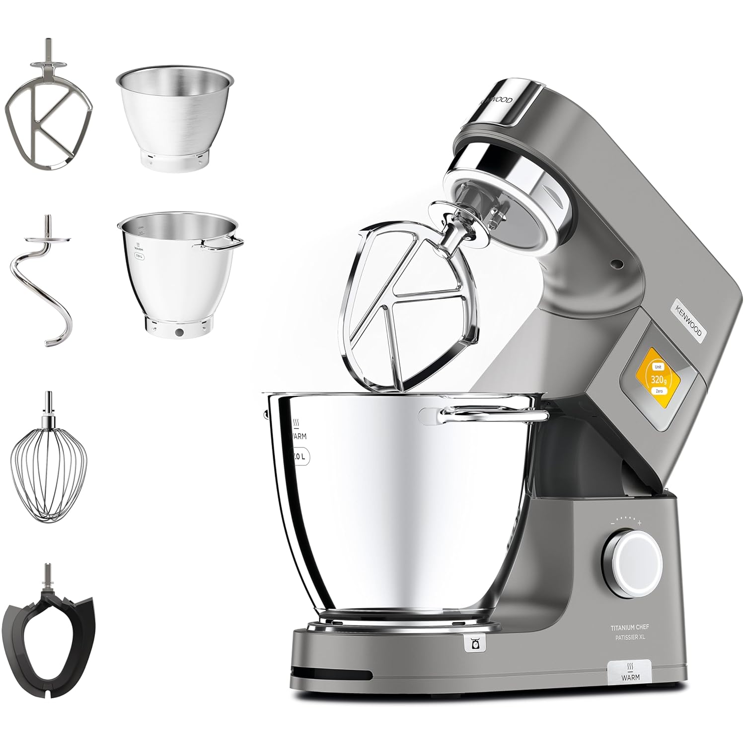 71Mp-GXCzCL._SL1500_.jpg Titanium Chef Patissier XL Stand Mixer for Baking- Powerful Food Mixer, With K-Beater, Dough Hook, Whisk, and 2 Bowls 5L and 7L, KWL90.004SI, 1400W, Silver - Image 1