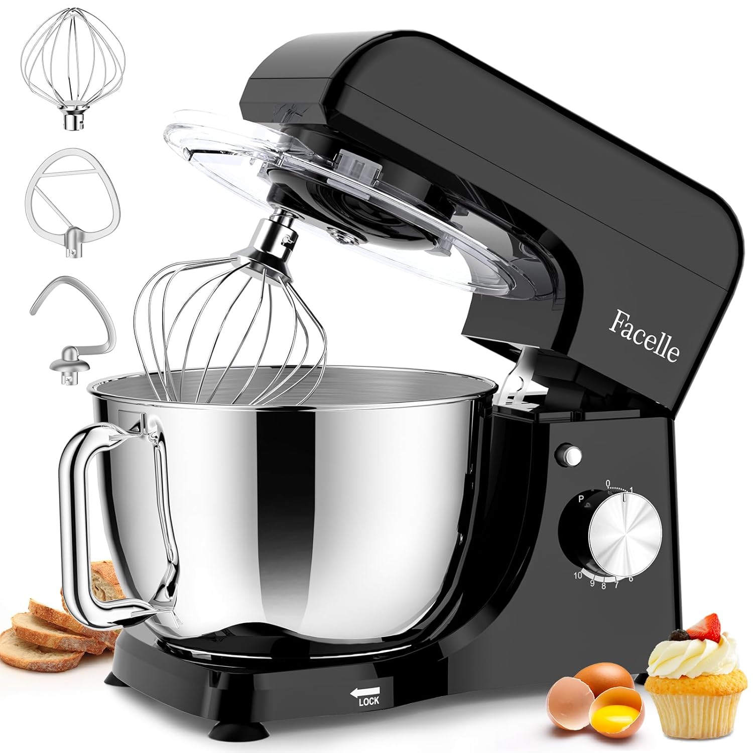 71NfvbLbOJL._SL1500_.jpg Facelle Stand Mixer, 1500W Electric Kitchen Mixer, 10 Speeds Food Mixer with Pulse, Attachments include 5.5L Stainless Steel Bowl, Dishwasher Dough Hook, Whisk, and Beater for… - Image 1