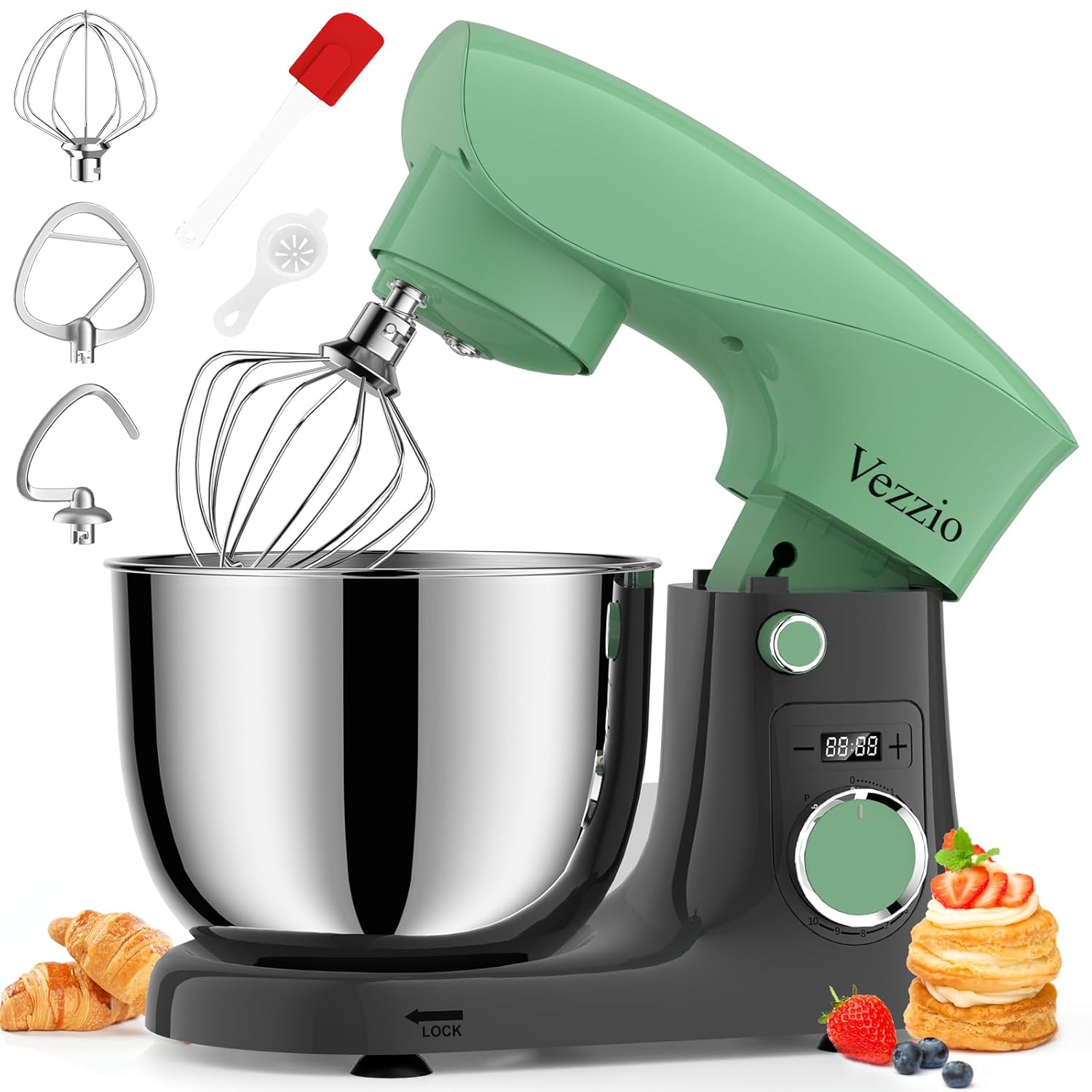 71NrqAvu5uL._SL1500_.jpg Vezzio Small Stand Mixer,1500W 10-Speed Food Mixers For Baking, 5.5L Dough Mixer,Easy to use and Lightweight,Food Mixer For Baking,Cake And Most Home Cooks(GreenGray) - Image 1