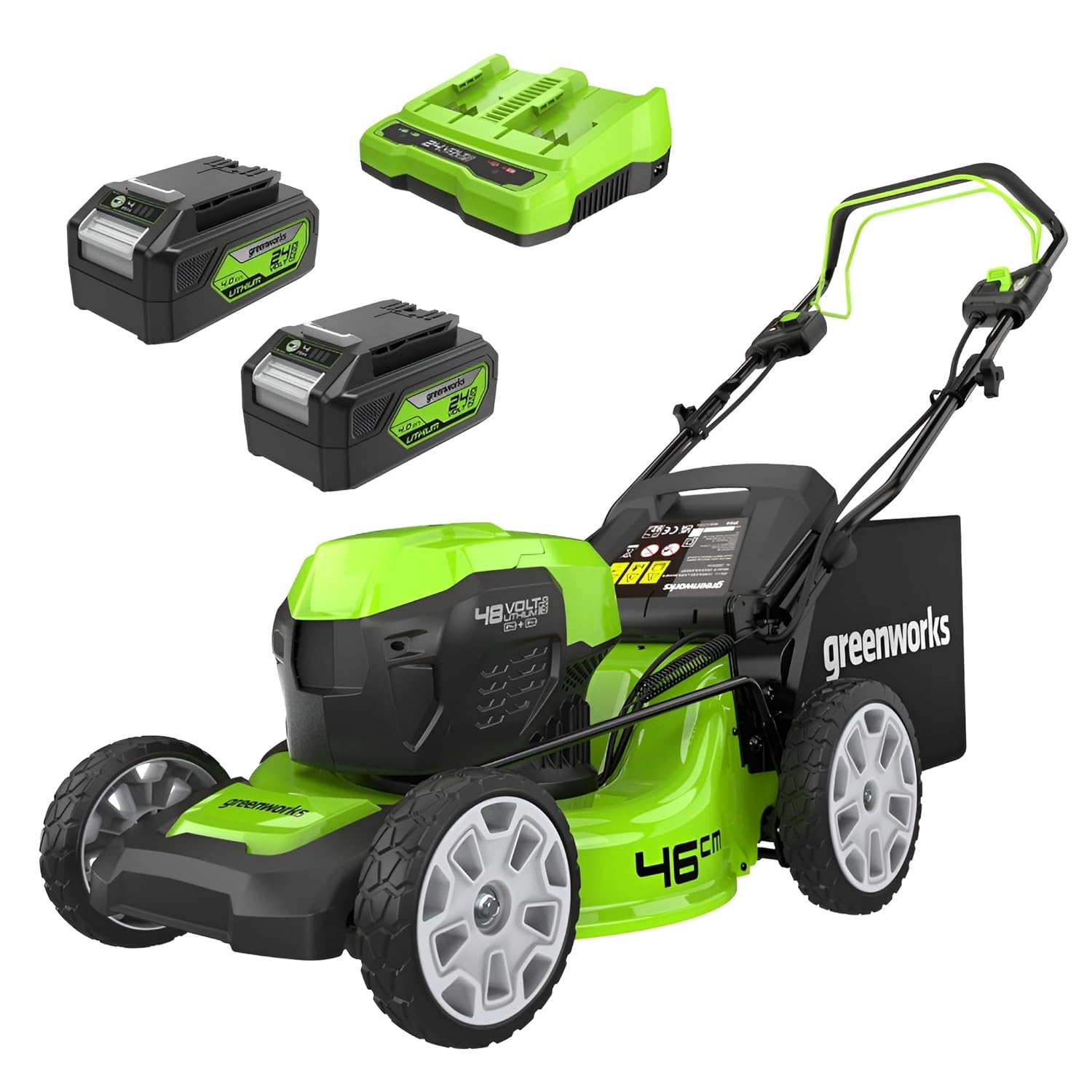 71QnUtSnNTL._SL1500_.jpg 48V (2x24V) Self Propelled Cordless Lawnmower for Large Lawns up to 480m2, 46cm Cutting Width, 55LBag PLUS Two 4Ah Batteries and Twin Charger, 3 Year Guarantee… - Image 1