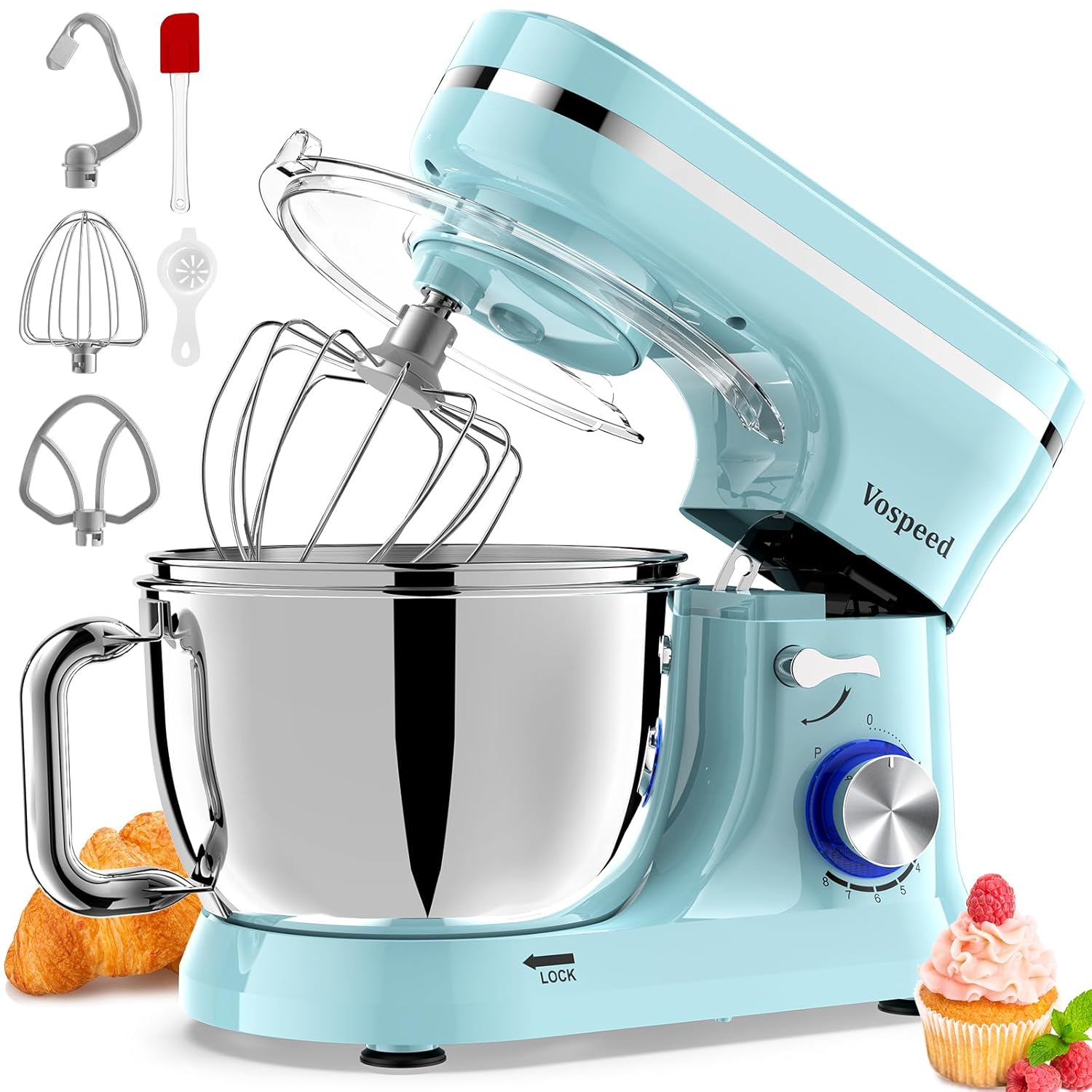 71RqMW-CidL._SL1500_.jpg Vospeed Stand Mixer, 4.5L+5L Bowls 8-speed 1000W Tilt-Head Food Mixer for Baking, Kitchen Electric Mixer with Dough Hook, Whisk, Beater, Splash Guard (Bule) - Image 1
