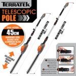 Terratek Corded Extendable Pole Hedge Trimmer 550W 2.5M Telescopic Hedge Trimmer Long Reach Hedge Cutter with 4 Position’s, 10m Cable and Shoulder Strap Included - Image 3