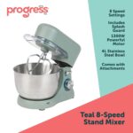EK5234PTEAL Go Bake Stand Mixer- Large Electric Whisk with 4L Stainless Steel Bowl, 8 Speeds and Pulse Function, Mixing Beater, Dough Hook, and Whisk Attachments,… - Image 2