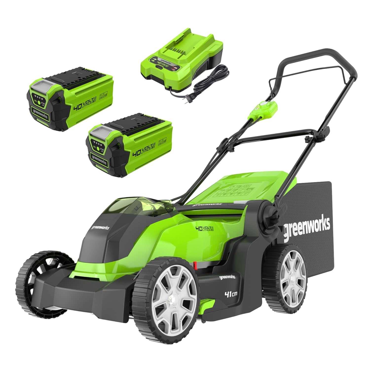 71Uio5nV11L._SL1500_.jpg 40V Cordless Lawnmower for Lawns up to 500m², 41cm Cutting Width, 50L Bag, Two of 40V 2Ah Batteries & One Charger, 3 Year Guarantee-G40LM41K2X, Green, Black, Grey - Image 1