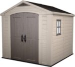 Factor Outdoor Plastic Garden Storage Shed, elegant wood-effect exterior with double doors and ventilation grills, heavy-duty floor with window and skylight, 255 x 256.5…