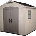 Factor Outdoor Plastic Garden Storage Shed, elegant wood-effect exterior with double doors and ventilation grills, heavy-duty floor with window and skylight, 255 x 256.5…