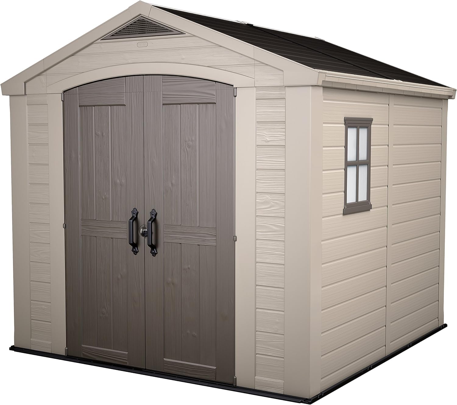 Version 1.0.0 Factor Outdoor Plastic Garden Storage Shed, elegant wood-effect exterior with double doors and ventilation grills, heavy-duty floor with window and skylight, 255 x 256.5… - Image 1