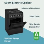 Cooker – Electric Cooker, 4 Hotplates, 62L Electric Oven, Smart Cooking Controls & Programs, 60cm Width, Freestanding Design, Matte Black, Perfect For Family Homes – C01FS60E17 - Image 2