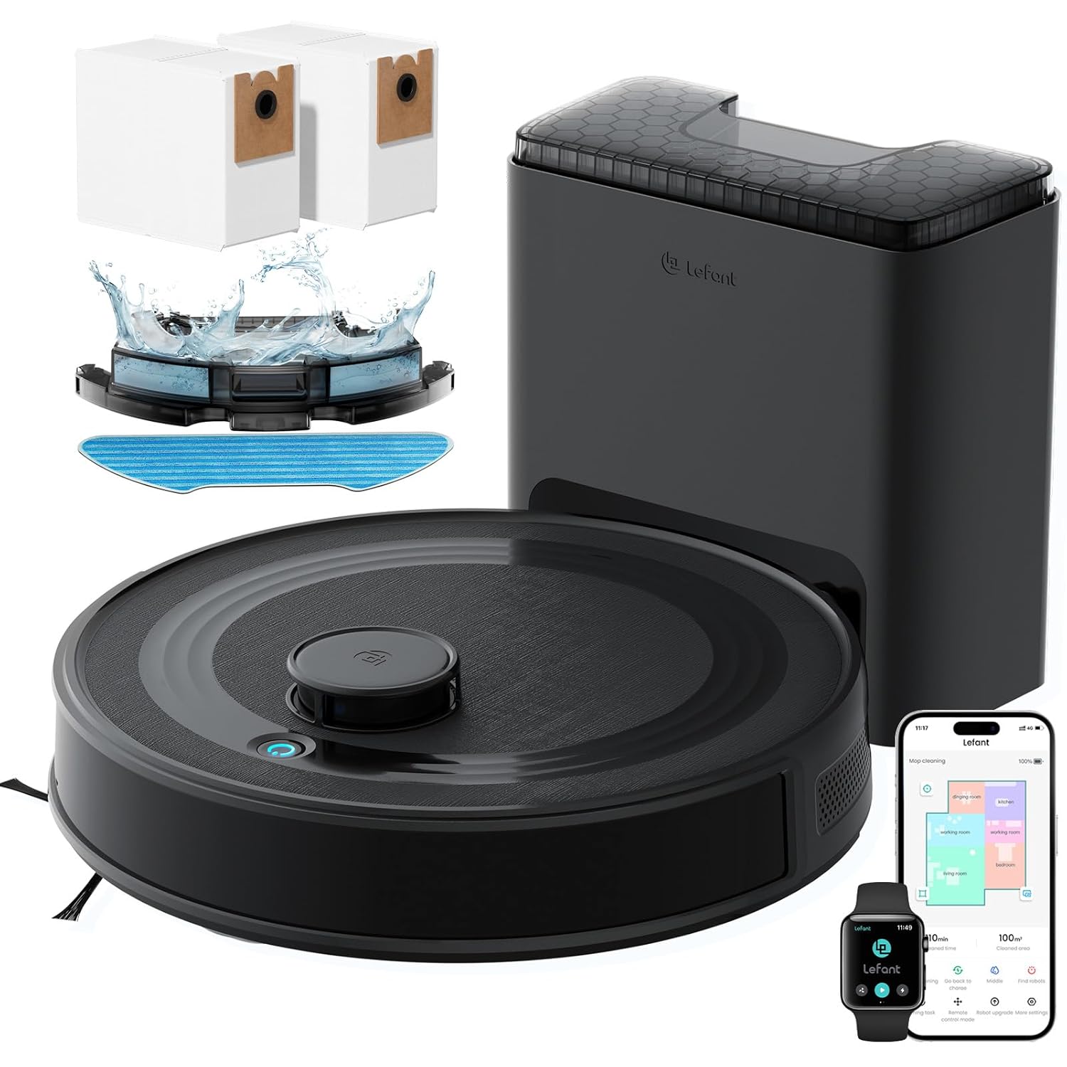 71Zc9PUgblL._SL1500_.jpg M2 Plus Robot Vacuum and Mop, Self-Emptying, 6000Pa Suction, 75-Day Hands-Free, dToF Laser Navigation, PSD Obstacle Avoidance, for Hard Floors & Carpets, WiFi 2.4G/5G, Black - Image 1
