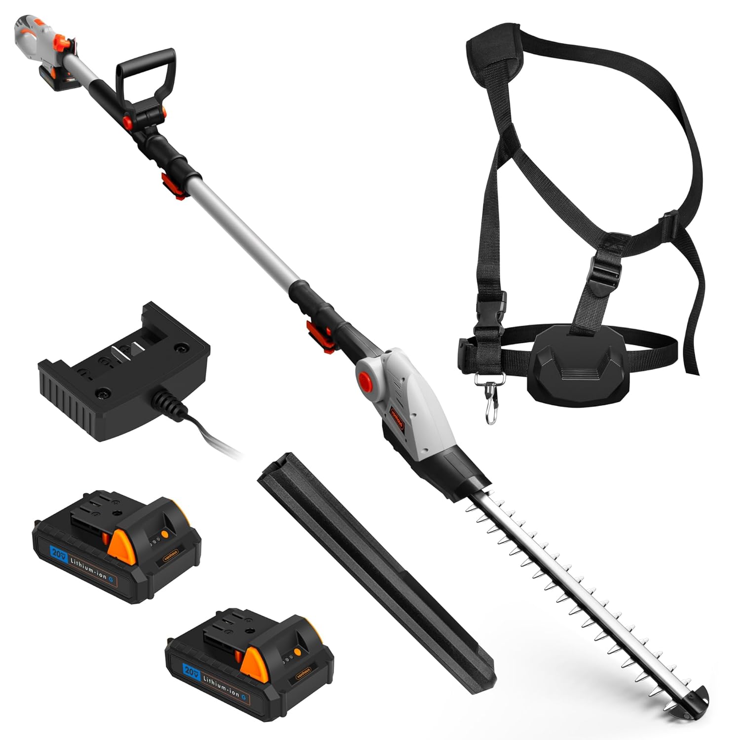 71aeNywCqDL._SL1500_.jpg Pole Hedge Trimmer Cordless – Long Reach Telescopic Extendable Cutter for Hedges, Bushes, Branches, Shrubs – 2x 20V Batteries, Charger, Harness, 135° Adjustable Head,… - Image 1