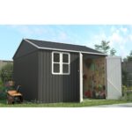BIRCHTREE Garden Shed Steel Apex Roof House Outdoor Backyard Storage With Lockable Double Doors Window Free Foundation Tool Equipment Organizer Air Vents 10x8FT Anthracite