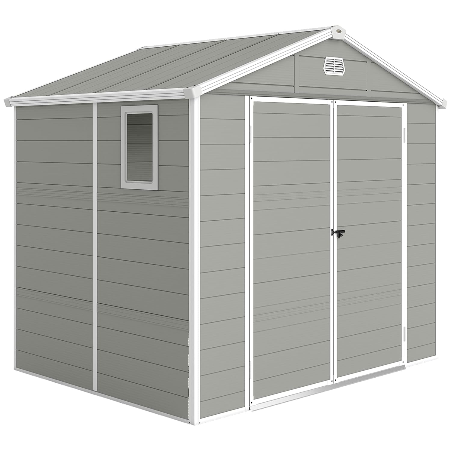 71cTz9rrsOL._SL1500_.jpg Outsunny 8 x 6ft Plastic Shed with Foundation Kit, All Weather Resistant Resin Outdoor Garden Shed with Vents, Apex Roof and Lockable Door for Patio Lawn, Light Grey - Image 1