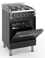 F6IP40GF-IBL-RETRO 60cm Freestanding Gas Cooker With Wok Burner & Turbo Fan – Shiny Stainless Steel & Black - Image 2