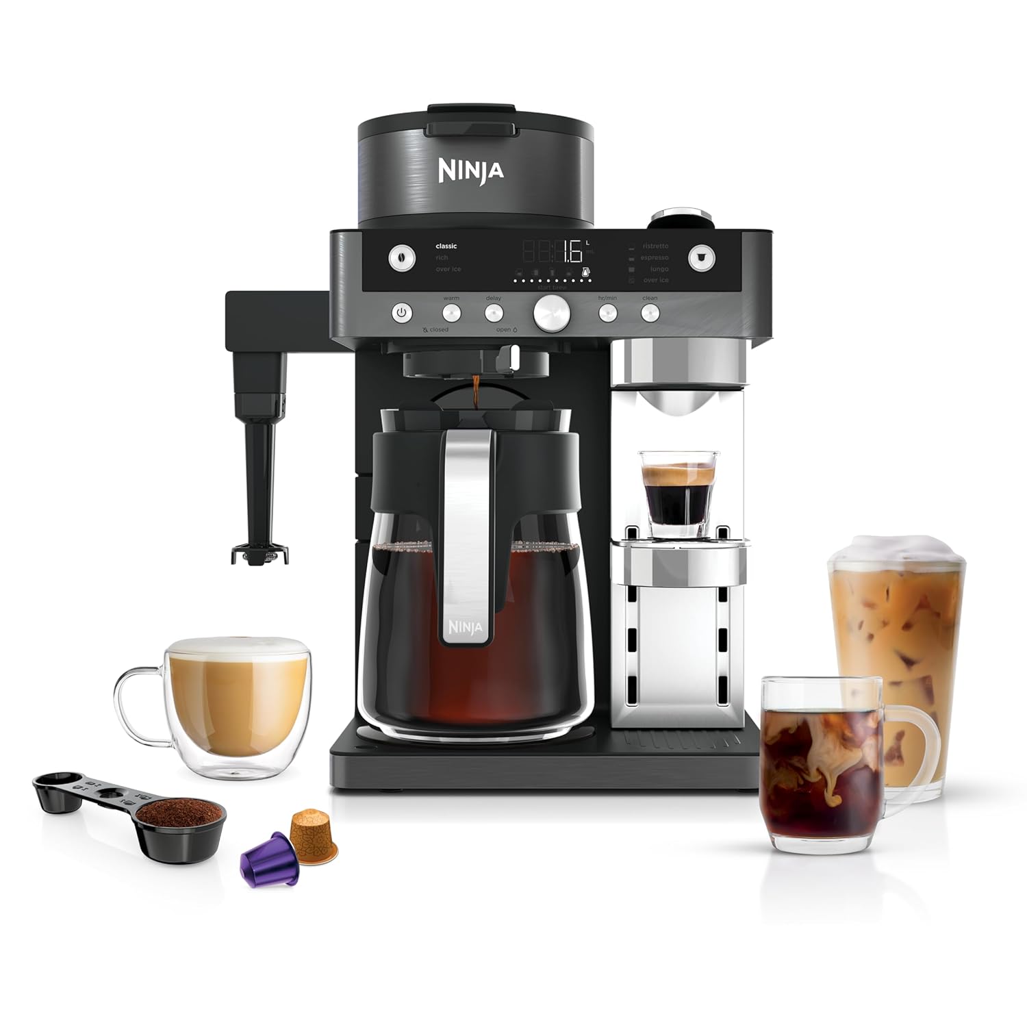 71okq1mr1rL._SL1500_.jpg Prestige 2-in-1 Filter Coffee and Pod Capsule Machine with Built-in Milk Frother, Make Lattes, Iced Coffee and Flat Whites, Gunmetal CFN802UKGM - Image 1