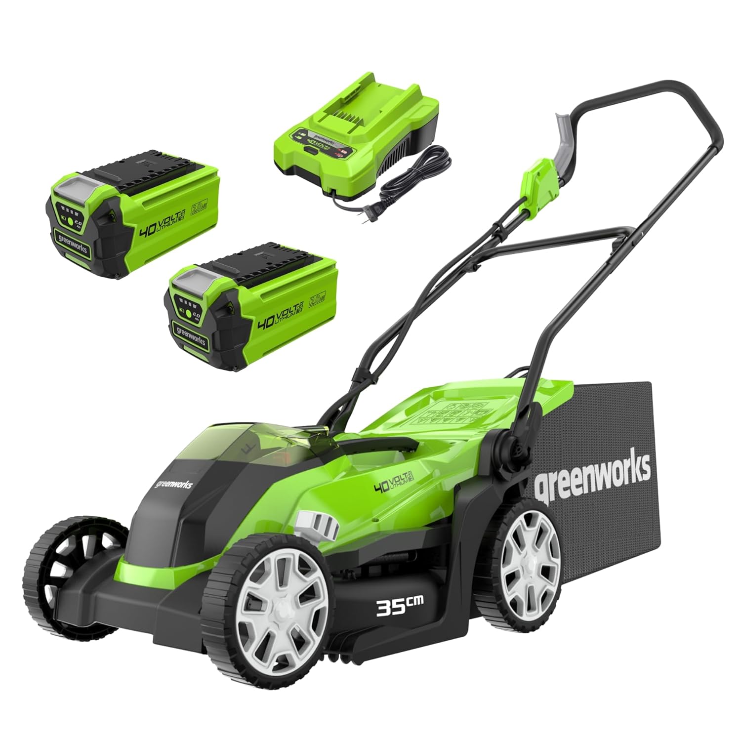 71osgraAoxL._SL1500_.jpg 40V Cordless Lawnmower for Lawns up to 400m², 35cm Cutting Width, 40L Bag PLUS Two 40V 2Ah Batteries & One Charger, 3 Year Guarantee-G40LM35K2X, Green - Image 1