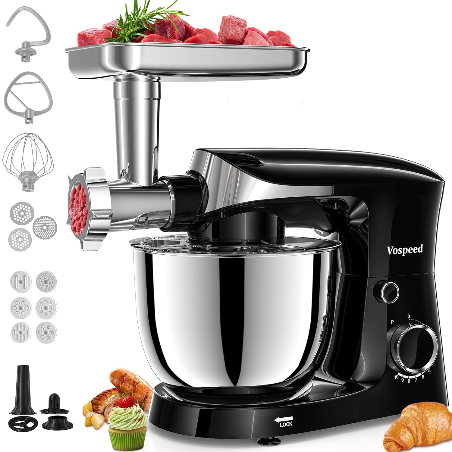 71u6MLrrPzL._SL1500_.jpg Vospeed Stand Mixer, 5.5L Food Mixers for Baking, 1500W Tilt-Head Electric Kitchen Mixer, Cake Mixers with Dough Hook, Whisk & Beater,Meat Grinder Attachment…(Black) - Image 1