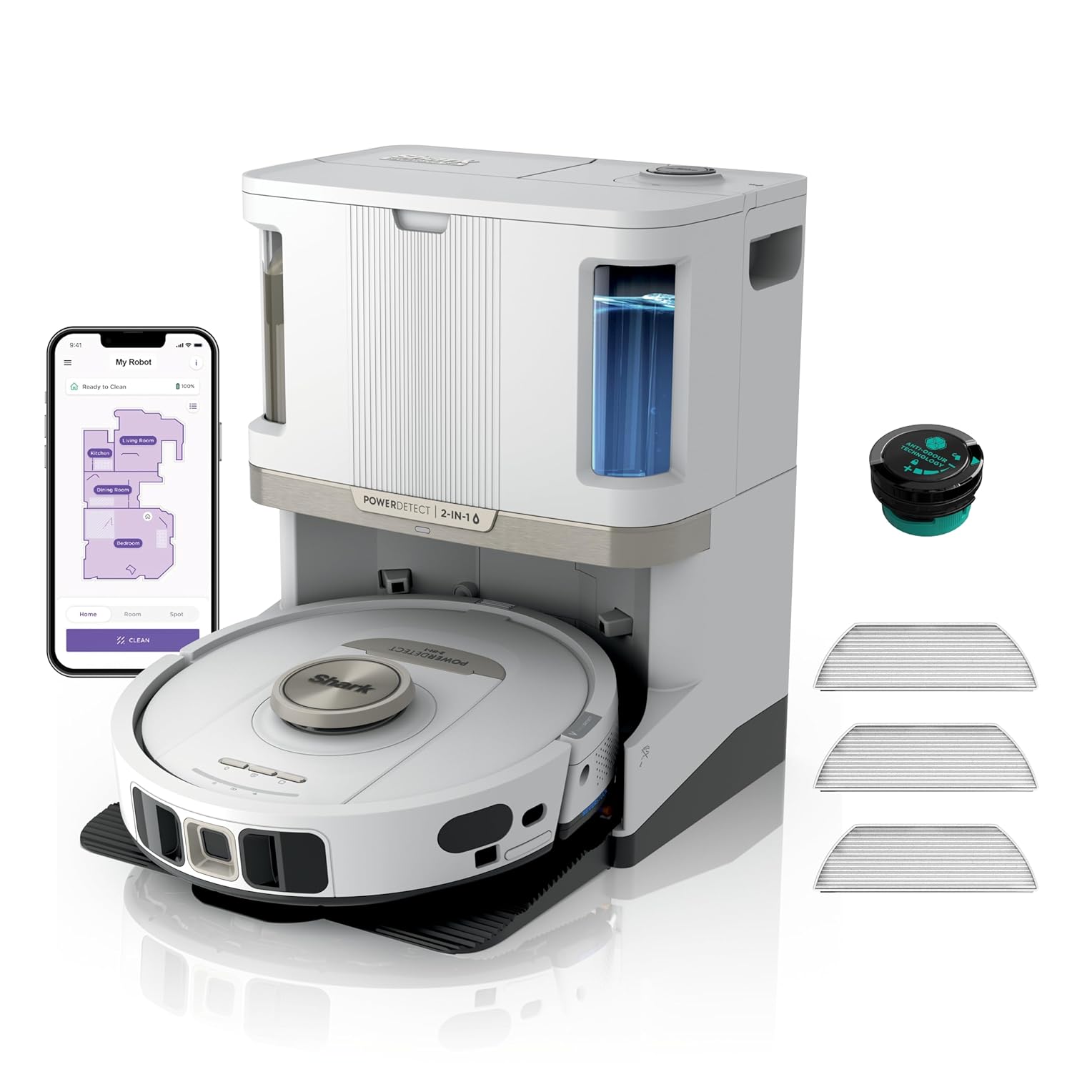 71zURz8NtrL._SL1500_.jpg Shark PowerDetect Robot Vacuum and Mop with 60-Day Self-emptying and Cleaning Base – 3D LiDAR Navigation – Wi-Fi / App – 3 Anti-microb Pads, 1 Odour Cartridge and 2 Brushes… - Image 1