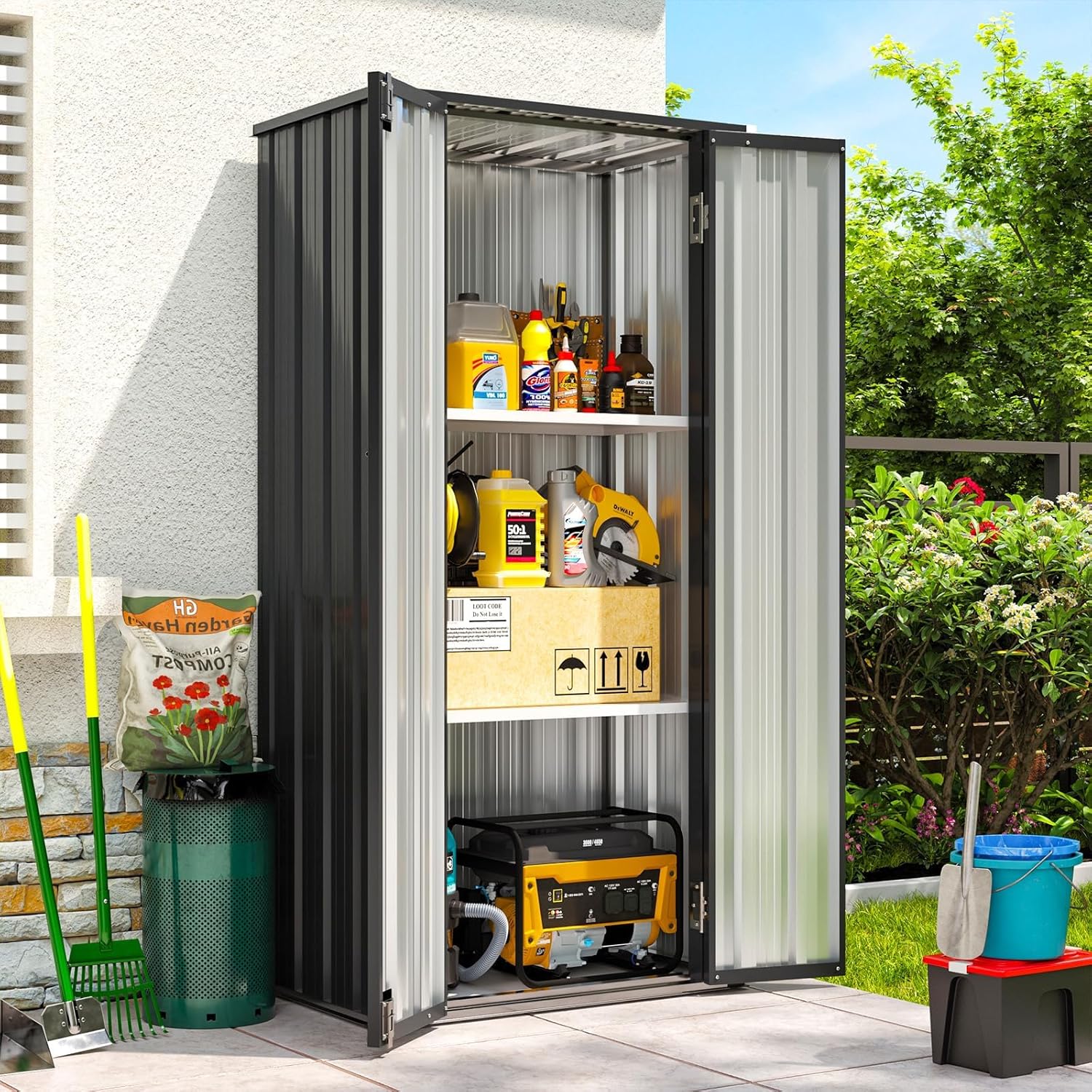 81G5ljGmSFL._SL1500_.jpg Aoxun 2.5×1.5ft Vertical Shed Outdoor Storage Cabinet Outdoor & Indoor Use Metal Vertical Shed with 3 Layer Outdoor Waterproof Tall Cabinet 2 Adjustable Shelves for Garage,… - Image 1