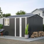 BIRCHTREE Garden Shed Steel Apex Roof House Outdoor Backyard Storage With Lockable Double Doors Window Free Foundation Tool Equipment Organizer Air Vents 10x8FT Anthracite - Image 9