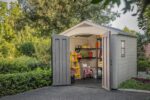 Factor Outdoor Plastic Garden Storage Shed, elegant wood-effect exterior with double doors and ventilation grills, heavy-duty floor with window and skylight, 255 x 256.5… - Image 6