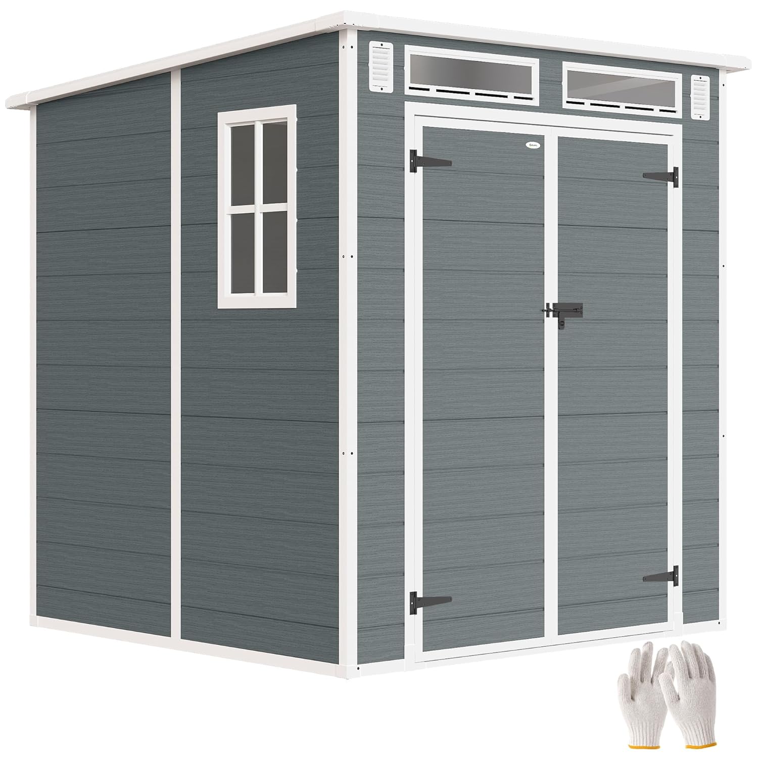 81XNqSk0oQL._SL1500_.jpg 6 x 6 ft Plastic Garden Shed with Floor, Wood-Effect Outdoor Storage Shed, Three Windows, Lockable Doors and Vents, for Tools, Bike, Generator, Dark Grey - Image 1