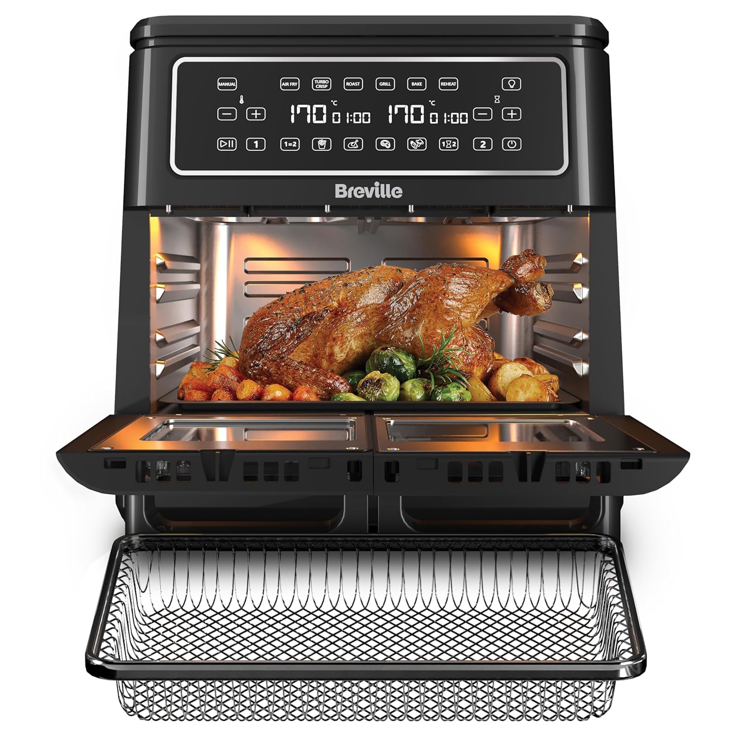 81cLd2lO28L._SL1500_.jpg Halo Flexi Air Fryer & Large Mesh Tray | Digital Dual Air Fryer Oven | 11L: Serves 10+ | FryBakeGrillRoast & Reheat | 2400 W | Save £65 a Year on Energy Bills* | Black… - Image 1