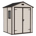 6 x 5 ft Outdoor Garden Storage Shed, elegant wood-effect double door design for easy access, durable fade-free resin with window and floor panel for secure…
