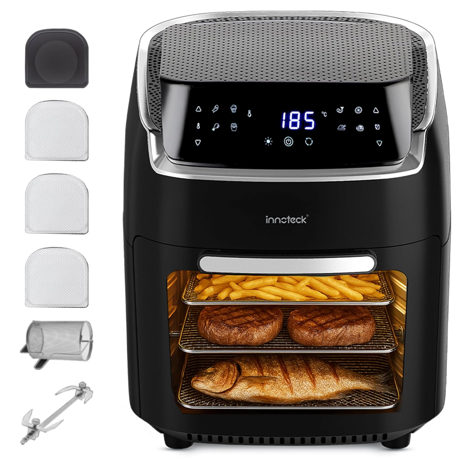 81swXrGlaxL._SL1500_.jpg 12L Digital Air Fryer Oven with Rotisserie 1800W Large Air Fryer with Touch Panel & 8 Cooking Presets, Shelves, Basket, Racks & Drip Tray Black & Silver Finish - Image 1