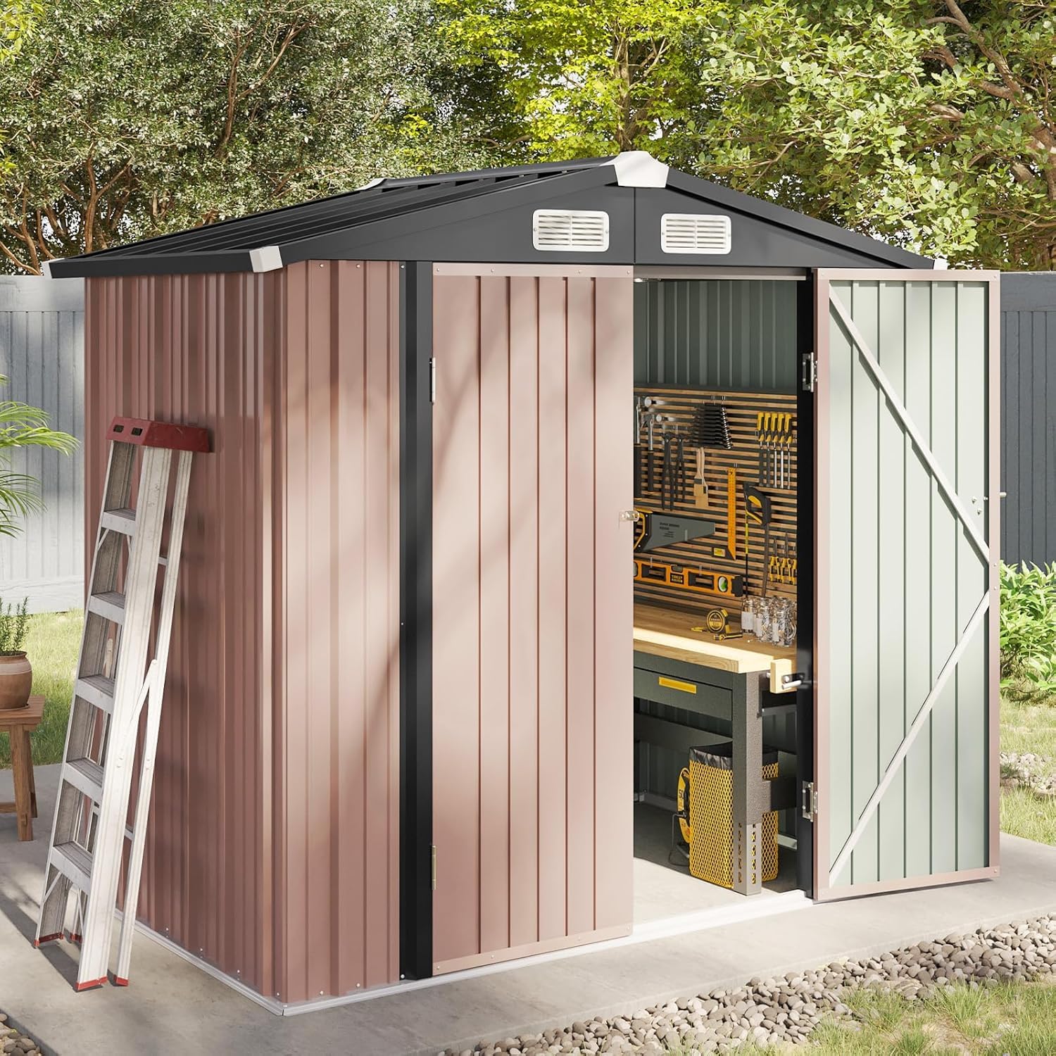 Version 1.0.0 Aoxun Garden Sheds 6x4ft, Metal Shed Bike Tool Shed, Sheds and Outdoor Storage with Lockable Doors & Slooping for Backyard, Patio, Poolside,Brown - Image 1