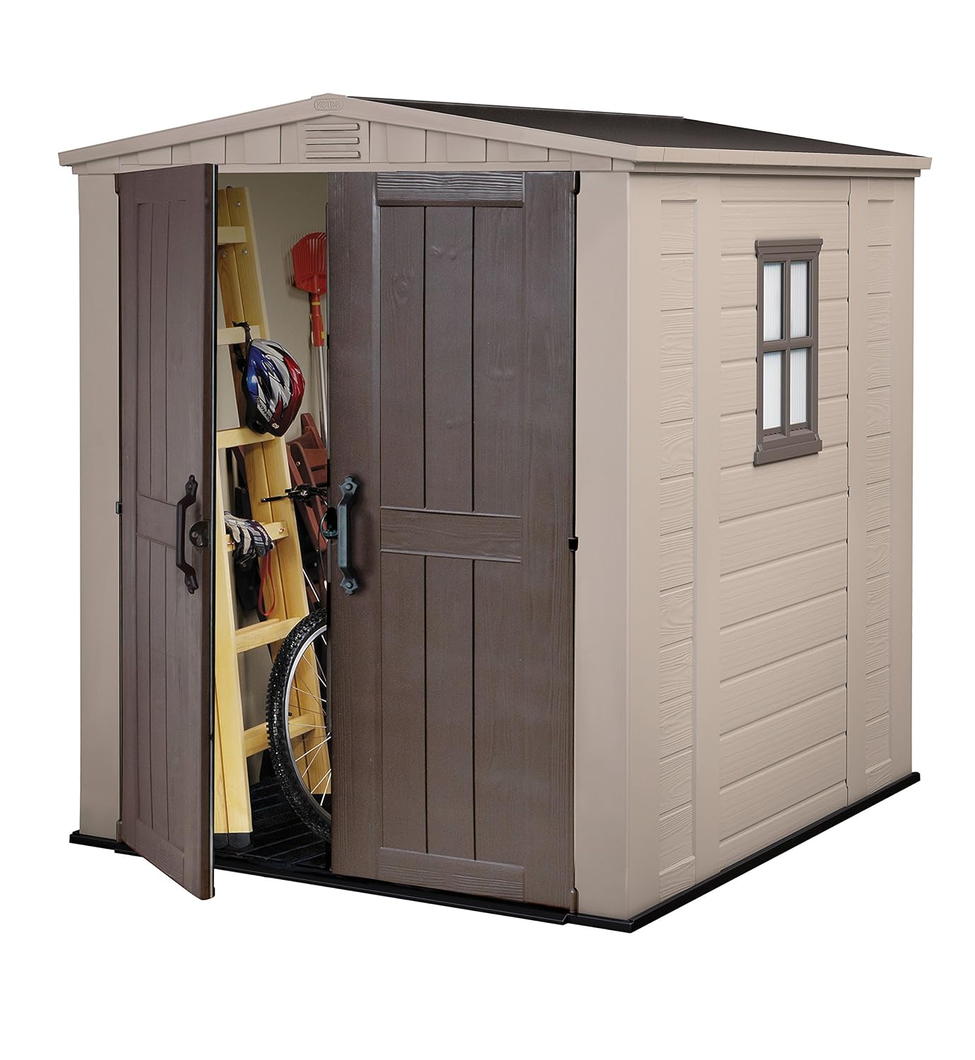 91dY3tvoMmL._SL1500_.jpg Keter Factor Outdoor Apex Double Door Garden Storage Shed 6 x 6ft Beige Brown Wood effect | Fade Free | All Weather Resistant | Safe and Secure | Zero Maintenance | 15 year… - Image 1