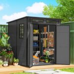 6 x 6 ft Plastic Garden Shed with Floor, Wood-Effect Outdoor Storage Shed, Three Windows, Lockable Doors and Vents, for Tools, Bike, Generator, Dark Grey - Image 2