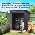 6 x 6 ft Plastic Garden Shed with Floor, Wood-Effect Outdoor Storage Shed, Three Windows, Lockable Doors and Vents, for Tools, Bike, Generator, Dark Grey - Image 8
